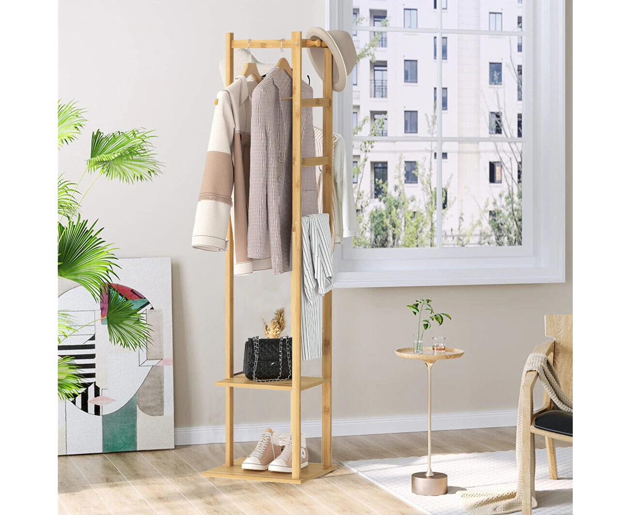 High Strength Bamboo Enterway Hall Tree Coat Rack Stand with 2 Storage Shelves