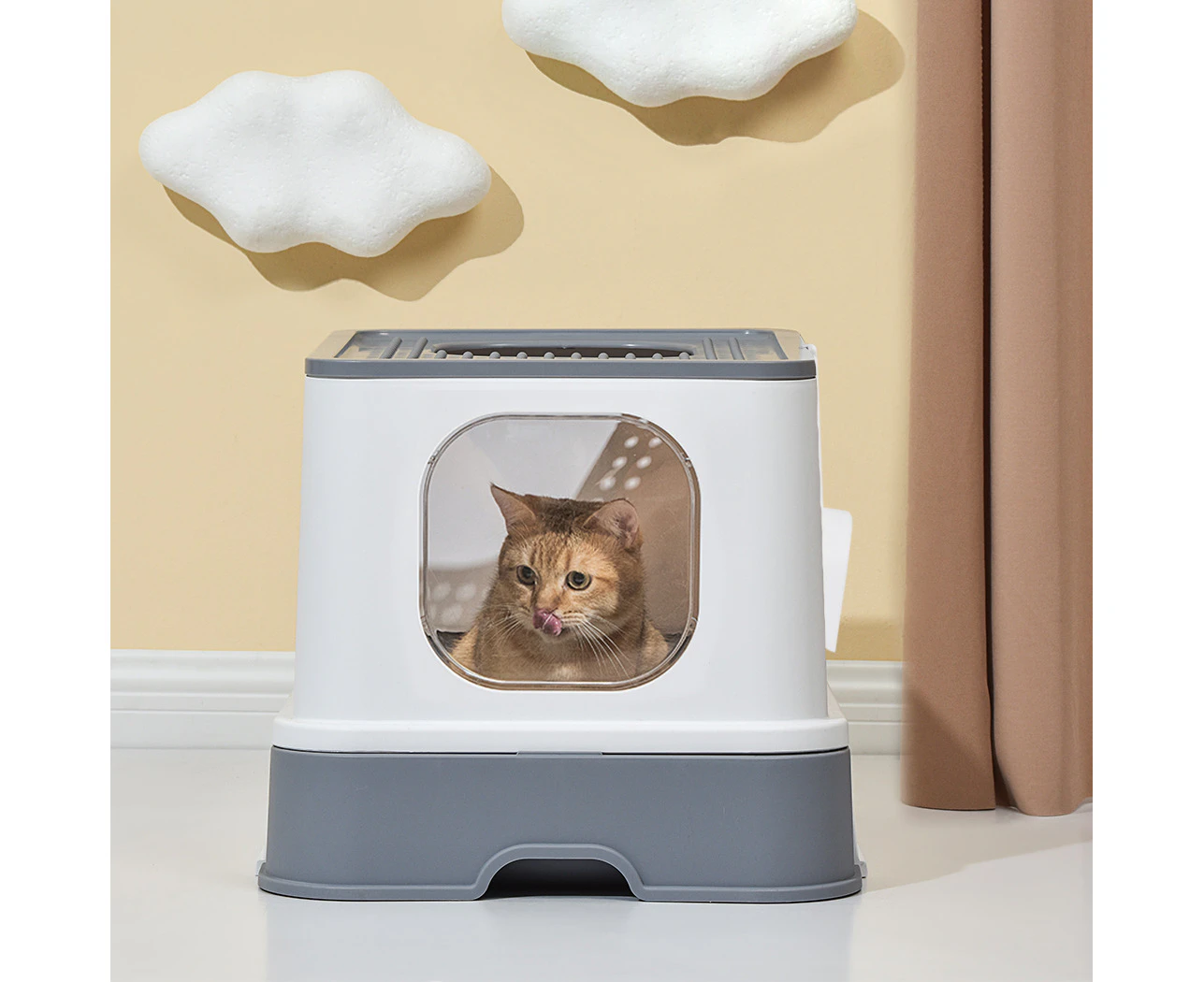 Pawz Cat Litter Box Fully Enclosed Kitty Toilet Tray Pan Container Large Grey