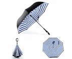 Upside Down Reverse C-Handle Double Layer Windproof Umbrella (With Carry Bag) - Zebra Stripe Design - Blue Stripe Design