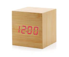 Digital Alarm Clock, Wood LED Light Mini Modern Cube Desk Alarm Clock（Wood+Red characters）