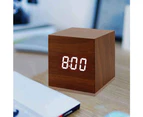Digital Alarm Clock, Wood LED Light Mini Modern Cube Desk Alarm Clock（Brown Wood+white characters）