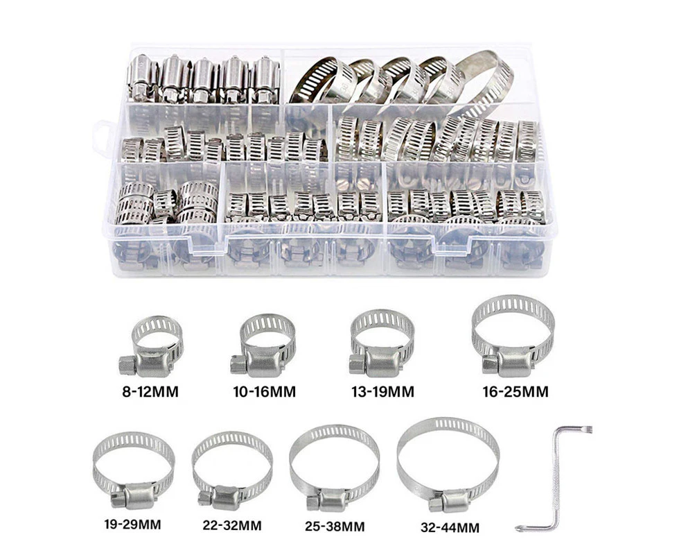 91PCS Stainless Steel Hose Clamps Clips Kit Fastener Adjustable Range Worm Gear Pipe Clamp Set