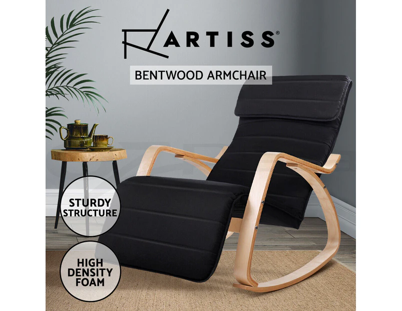 Artiss Bentwood Rocking Armchair Wooden Adjustable Lounge Fabric Recliner Black
