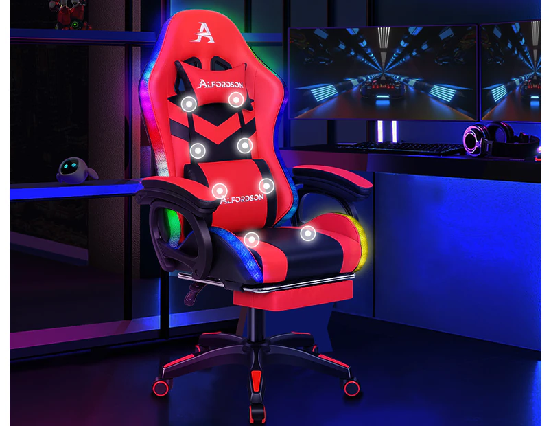 ALFORDSON Gaming Office Chair 12 RGB LED Massage Computer Seat Footrest Red