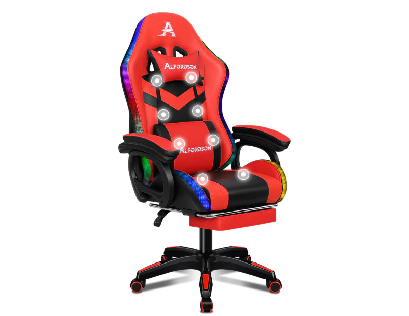 ALFORDSON Gaming Chair with 8-Point Massage 12 RGB LED Black & Red