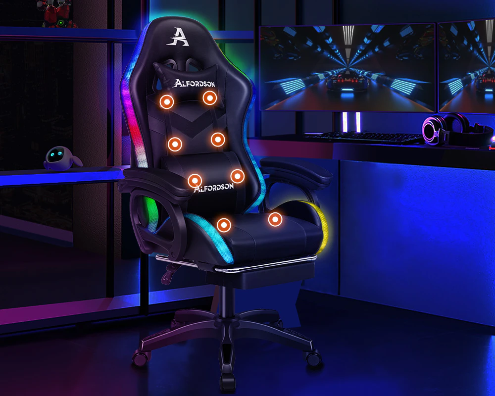 ALFORDSON Gaming Office Chair 12 RGB LED Massage Computer Seat Footrest Black