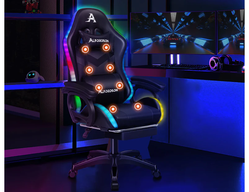 ALFORDSON Gaming Office Chair 12 RGB LED Massage Computer Seat Footrest Black