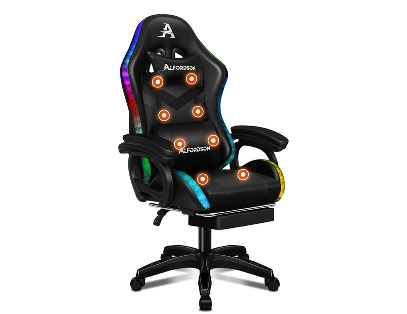 ALFORDSON Gaming Chair with 8-Point Massage 12 RGB LED Black