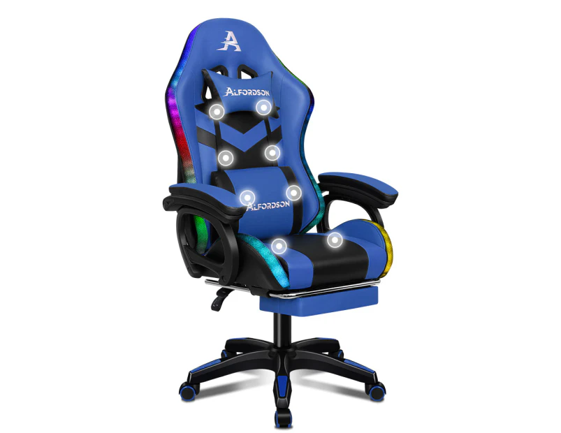 ALFORDSON Gaming Chair with 8-Point Massage 12 RGB LED Black & Blue