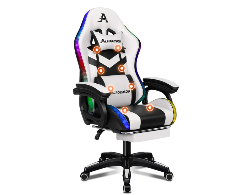 ALFORDSON Gaming Chair with 8-Point Massage 12 RGB LED Black & White