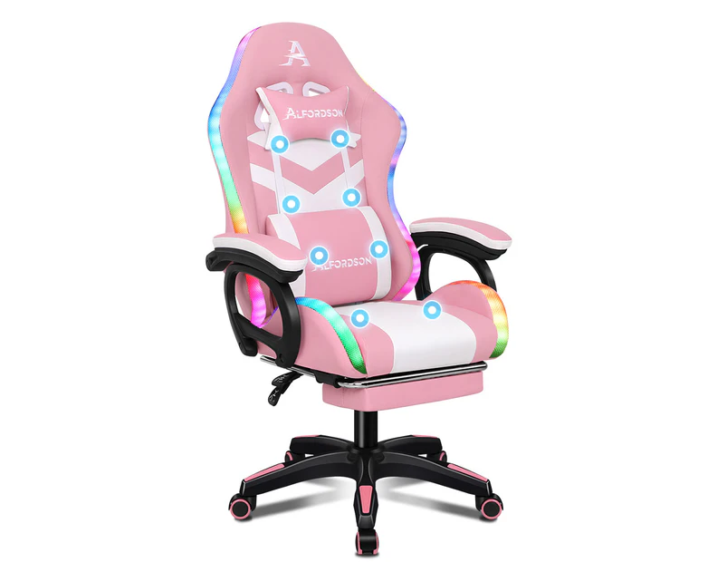 ALFORDSON Gaming Chair with 8-Point Massage 12 RGB LED Pink & White