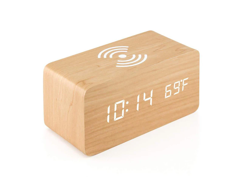 Wooden Alarm Clock With Qi Wireless Charging Pad Compatible With Iphone Samsung,Bamboo