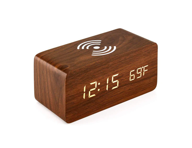 Wooden Alarm Clock With Qi Wireless Charging Pad Compatible With Iphone Samsung,Brown