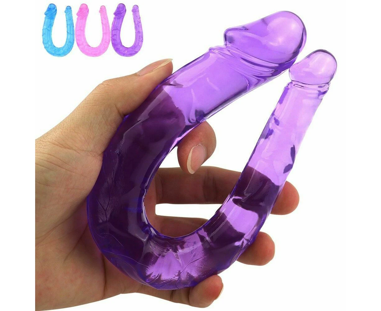 Long Dildo Crystal Jelly Double-End Dong Penis Flexible Masturbator Massager-Purple