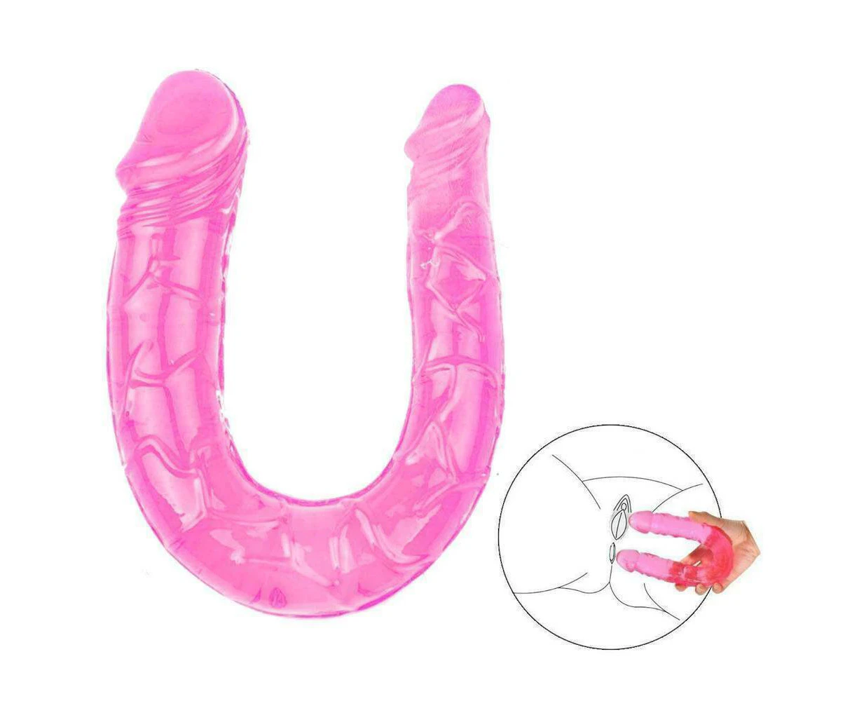 Long Dildo Crystal Jelly Double-End Dong Penis Flexible Masturbator Massager-Pink