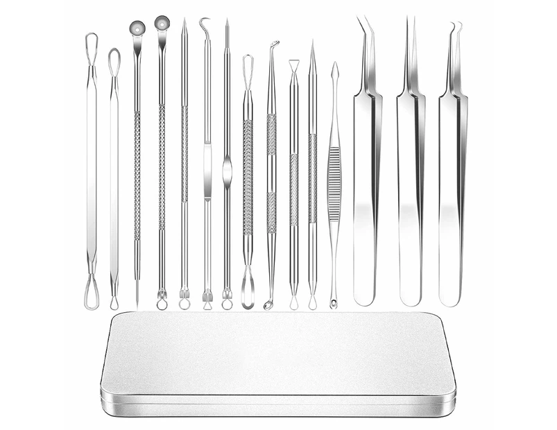 15Pcs  Stainless Steel Blackhead Remover Pimple Popper Tool Kit with Metal Case