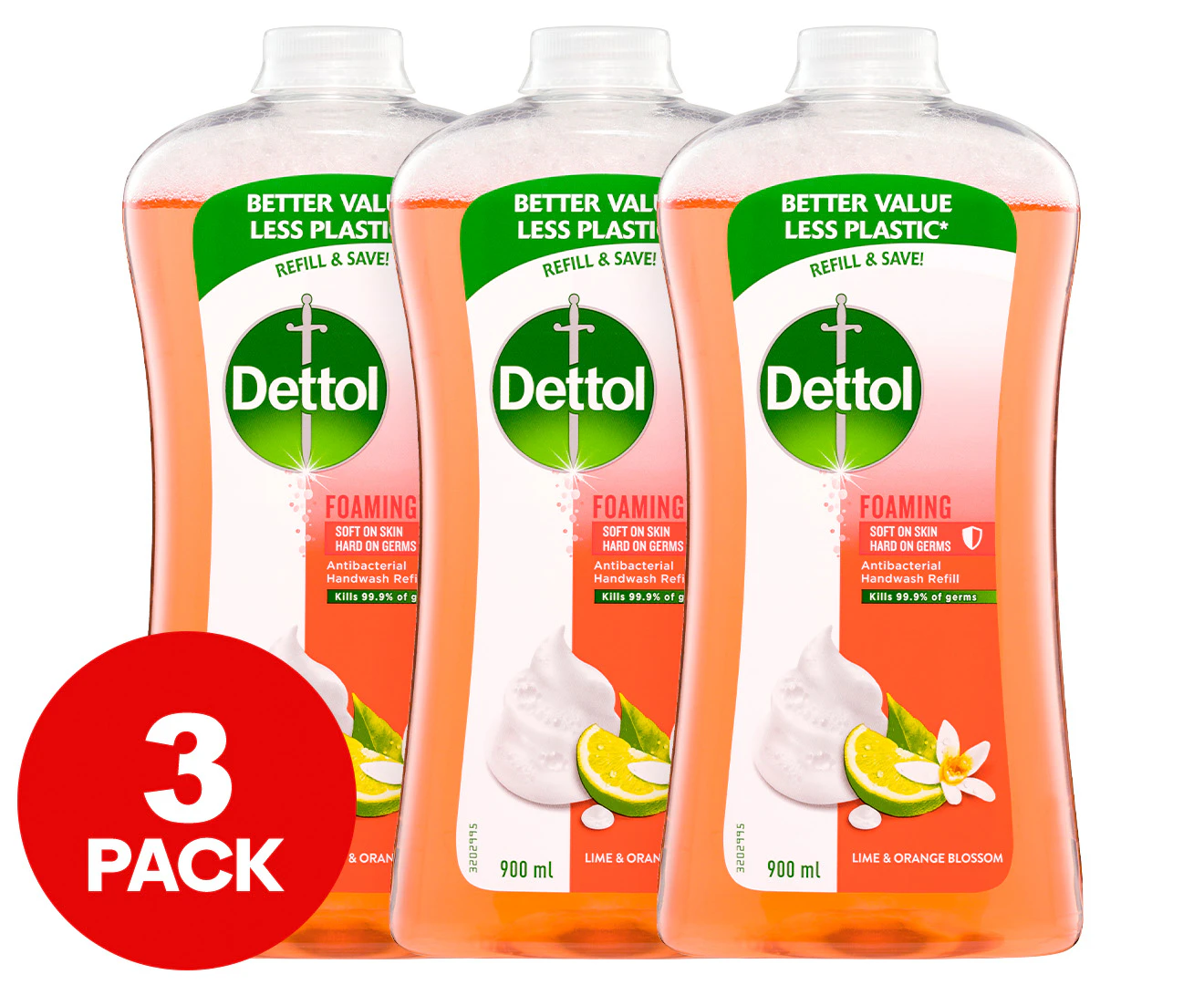 3 x Dettol Foaming Antibacterial Hand Wash Refill Lime & Orange Blossom 900mL