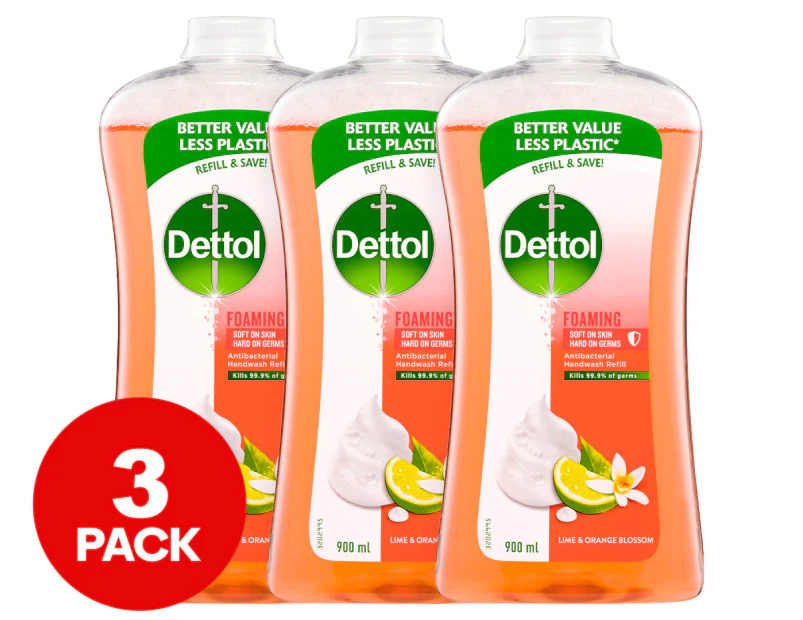 3 x Dettol Foaming Antibacterial Hand Wash Refill Lime & Orange Blossom 900mL