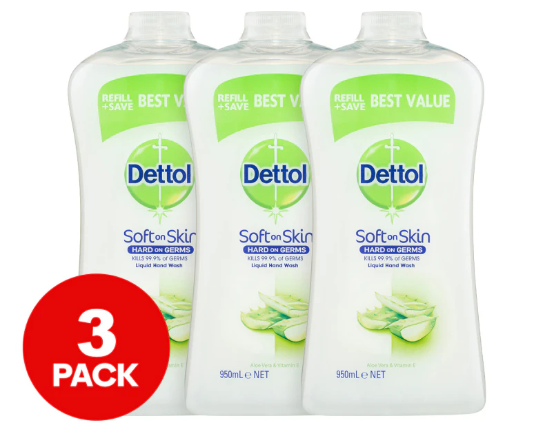 3 x Dettol Aloe Vera & Vitamin E Antibacterial Liquid Hand Wash Refill 950mL