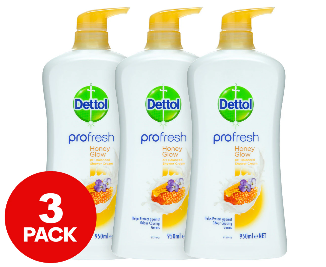 3 x Dettol Profresh pH-Balanced Shower Cream Honey Glow 950mL