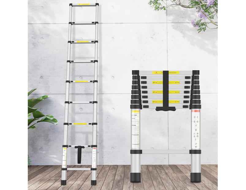 Advwin 2.6m Telescopic Ladder Portable Extension Aluminum Telescoping Ladder for Household and Outdoor Working Silver