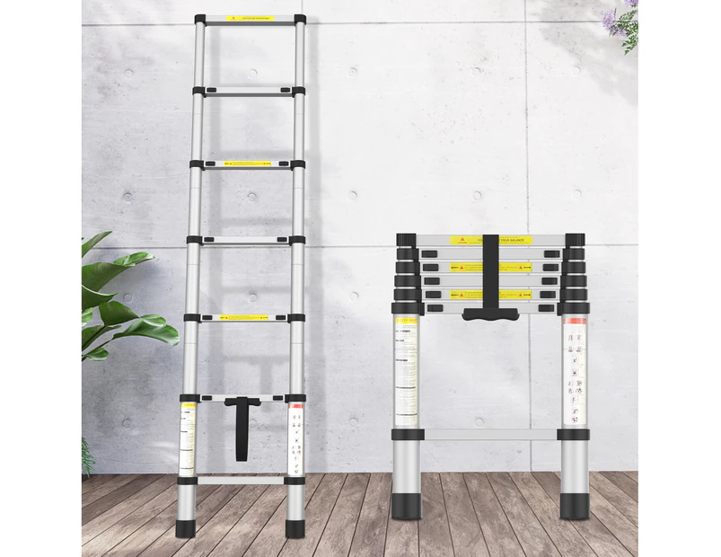 Advwin 2m Telescopic Ladder Portable Extension Aluminum Telescoping Ladder for Household and Outdoor Working Silver
