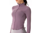 Yoga Top Drawstring Pleated Zipper Solid Color Long Sleeves Sports Sweatshirt for Gym-Deep  Purple - Deep  Purple