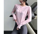 Gym Sweatshirt Splicing Button Closure Nylon Long Sleeve Pilates Activewear Top for Women-Pink - Pink