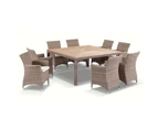 Outdoor Sahara 8 Seater Square Teak Top Dining Table & Chairs In Half Round Wicker - Outdoor Wicker Dining Settings - Brushed Grey w/ Denim Cushions