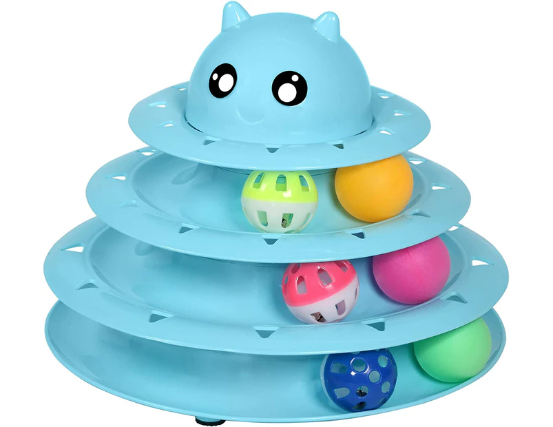 Cat Toy Roller 3-Level Turntable Cat Toy Balls with Six Colorful Balls Interactive Kitten Fun Mental Physical Exercise Puzzle Toys-blue
