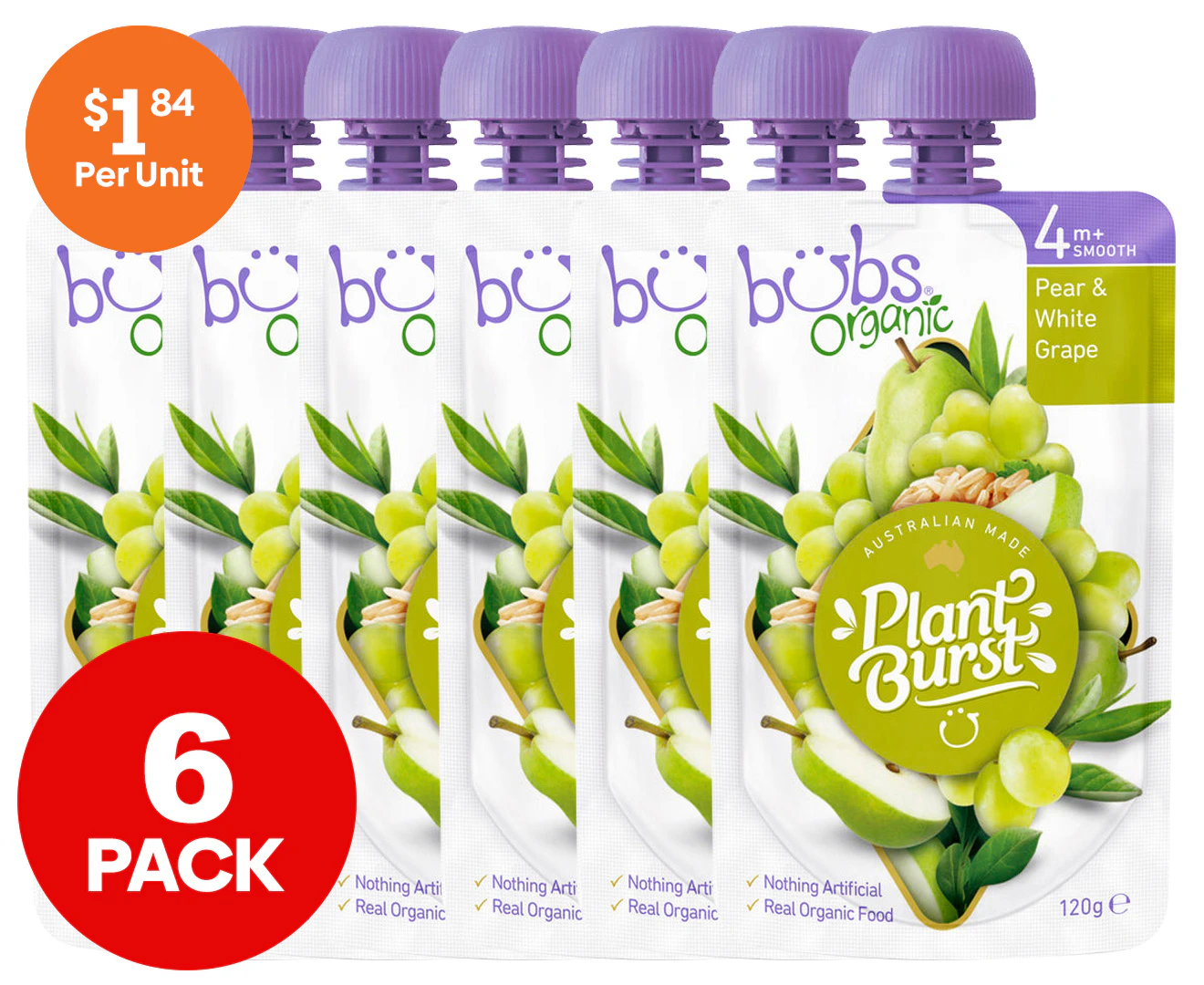 6 x Bubs Organic Plant Burst Baby Food Pouch Pear & White Grape 120g