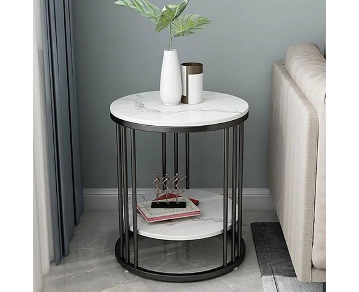 UNHO 2 Tier Real Marble Stone Side Table Round Coffee End Table Iron Black Framed