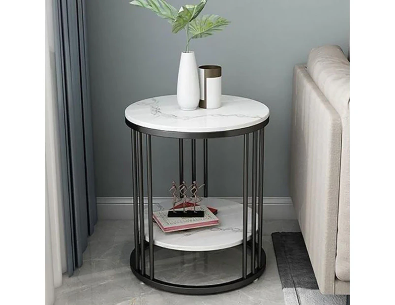 UNHO 2 Tier Real Marble Stone Side Table Round Coffee End Table Iron Black Framed