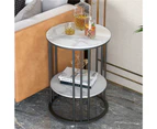 UNHO 2 Tier Real Marble Stone Side Table Round Coffee End Table Iron Black Framed