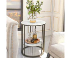 UNHO 2 Tier Real Marble Stone Side Table Round Coffee End Table Iron Black Framed