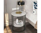 UNHO 2 Tier Real Marble Stone Side Table Round Coffee End Table Iron Black Framed