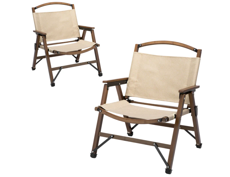 2x Bamboo Foldable Outdoor Camping Chair Wooden Travel Picnic Park Folding - Khaki/Beige