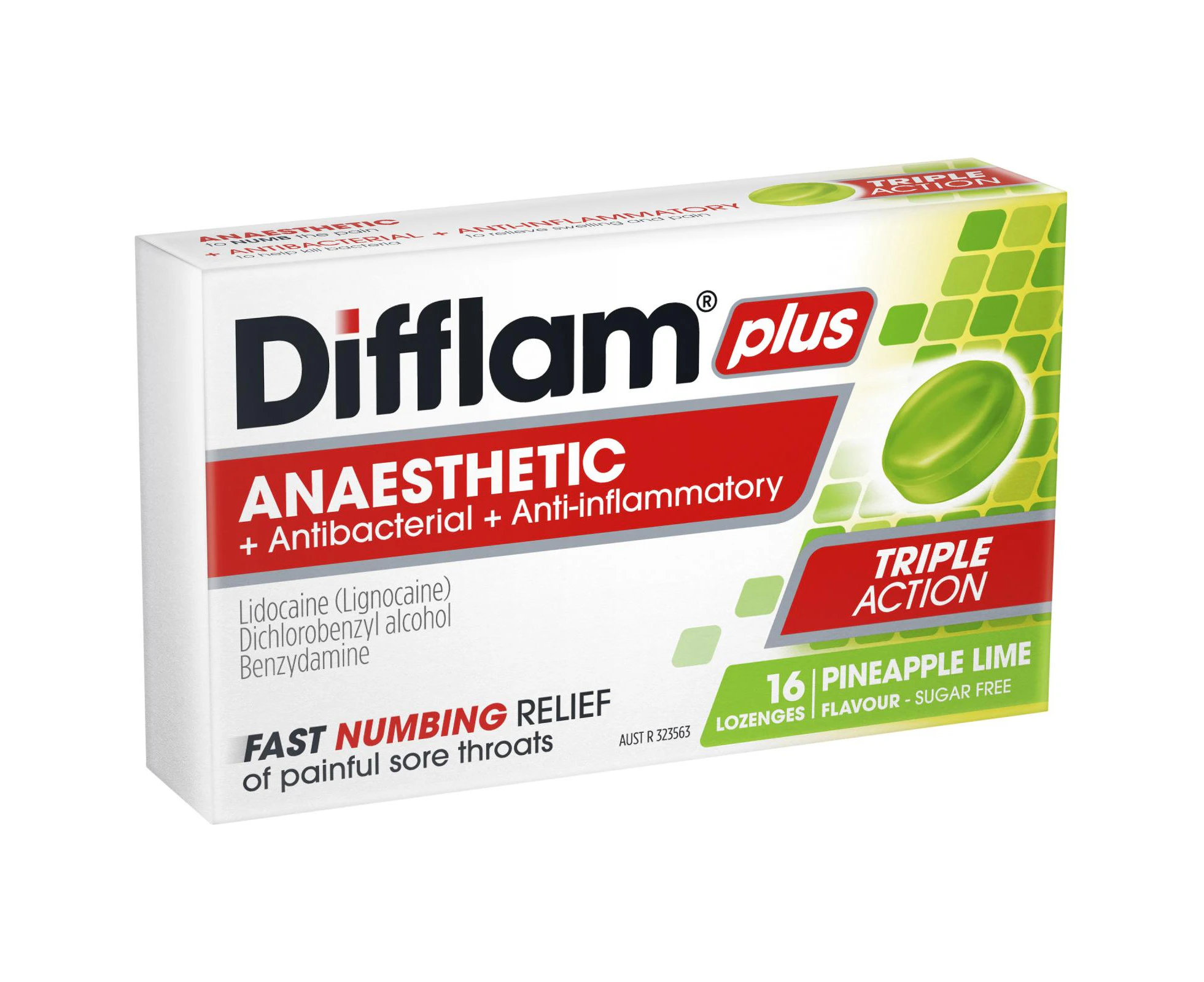 Difflam Plus Anaesthetic Sore Throat Lozenges Pineapple & Lime Flavour 16s