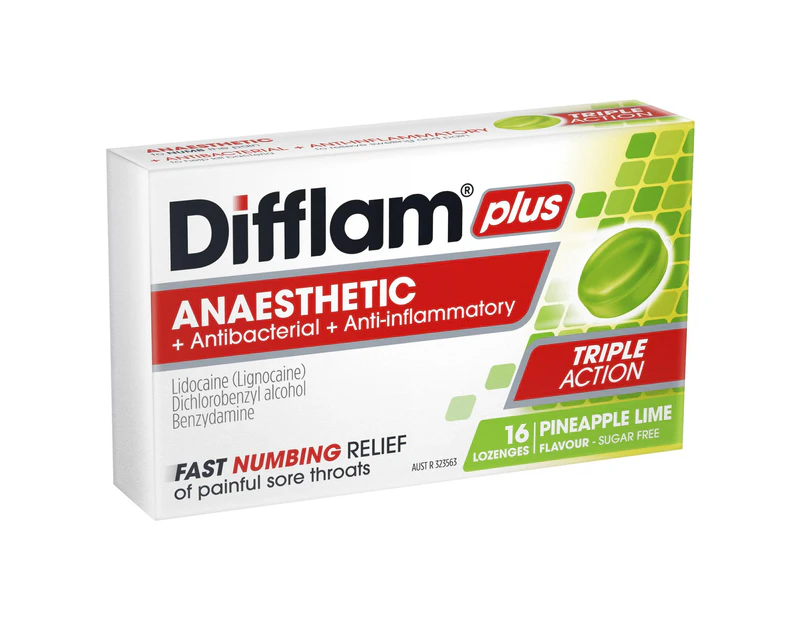 Difflam Plus Sore Throat + Anaesthetic Pineapple & Lime Lozenges 16