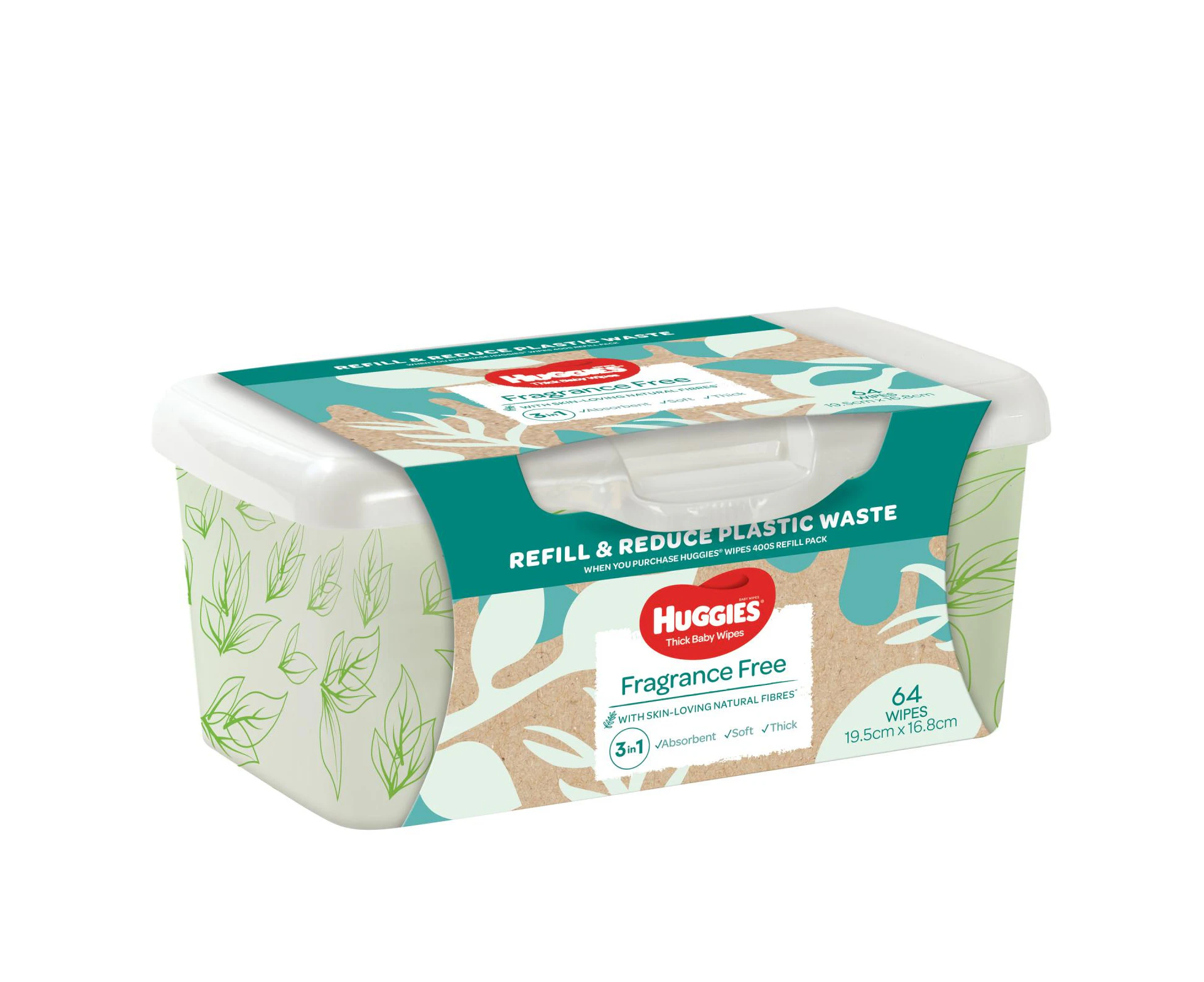 Huggies Thick Baby Wipes Fragrance Free Refillable Tub 64 Pack