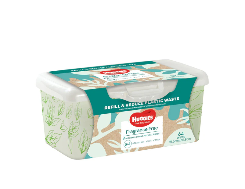 Huggies Thick Baby Wipes Fragrance Free Refillable Tub 64 Pack