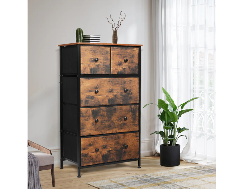 Levede Storage Cabinet Tower Chest of Drawers Dresser Tallboy 5 Drawers Retro - Brown