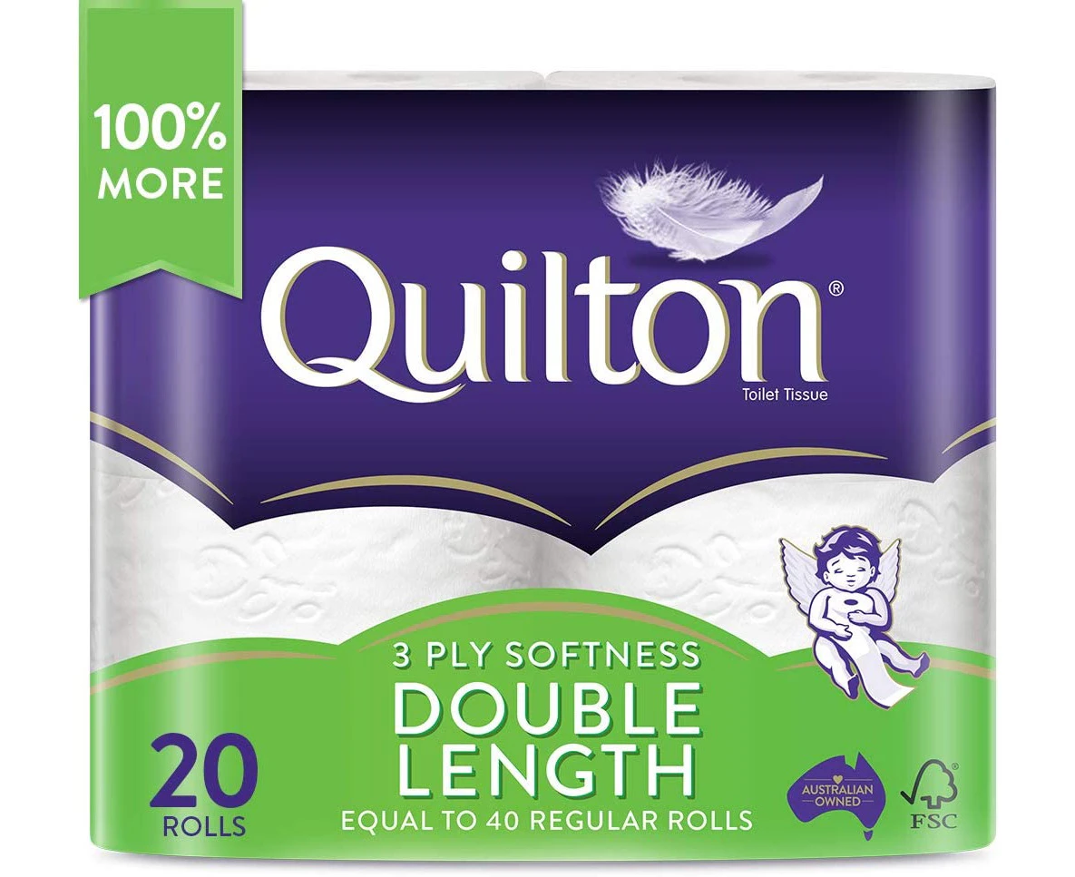 Quilton 3 Ply Double Length Toilet Tissue (360 Sheets per Roll, 11cm x 10cm), Pack of 20 rolls