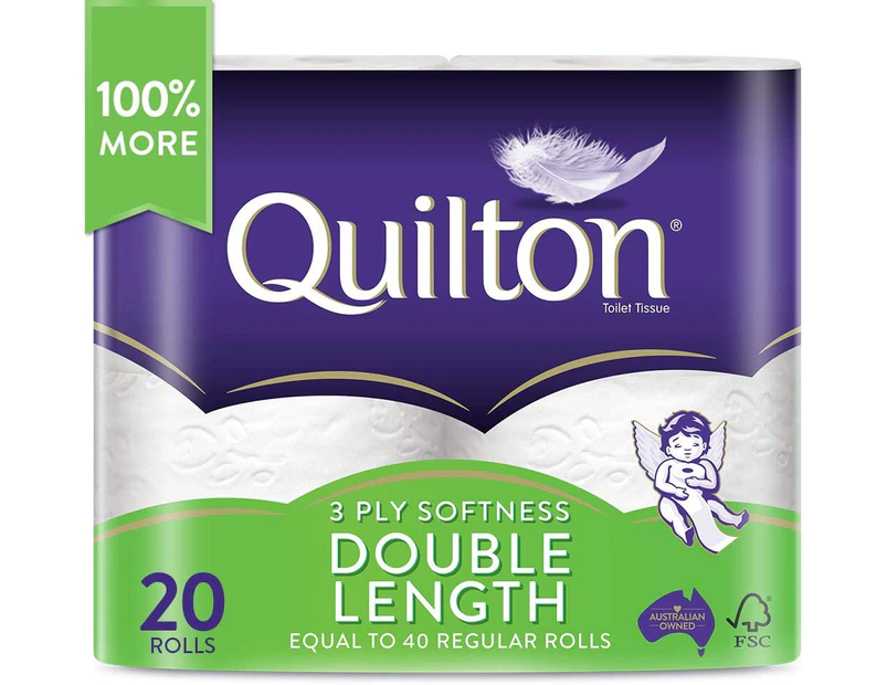 Quilton 3 Ply Double Length Toilet Tissue (360 Sheets per Roll, 11cm x 10cm), Pack of 20 rolls