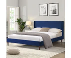 Bed Frame Queen Size Mattress Base Platform Wooden Velevt Headboard Blue