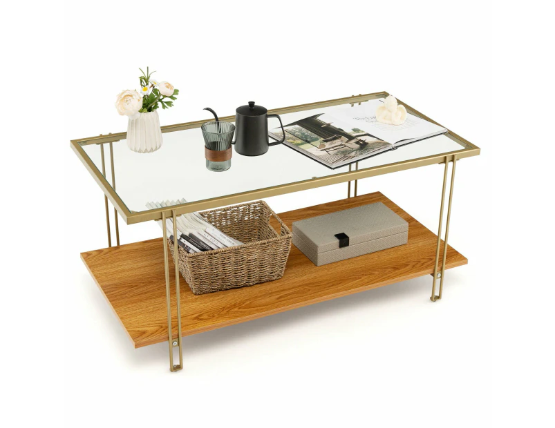 Giantex Coffee Table Rectangle Glass Top Wood Bottom Storage Shelf Gold Steel