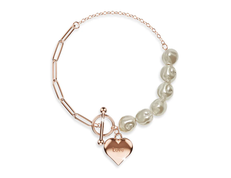 Pearl Paper Clip Chain Heart Rose Gold Layered Stainless Steel Bracelet