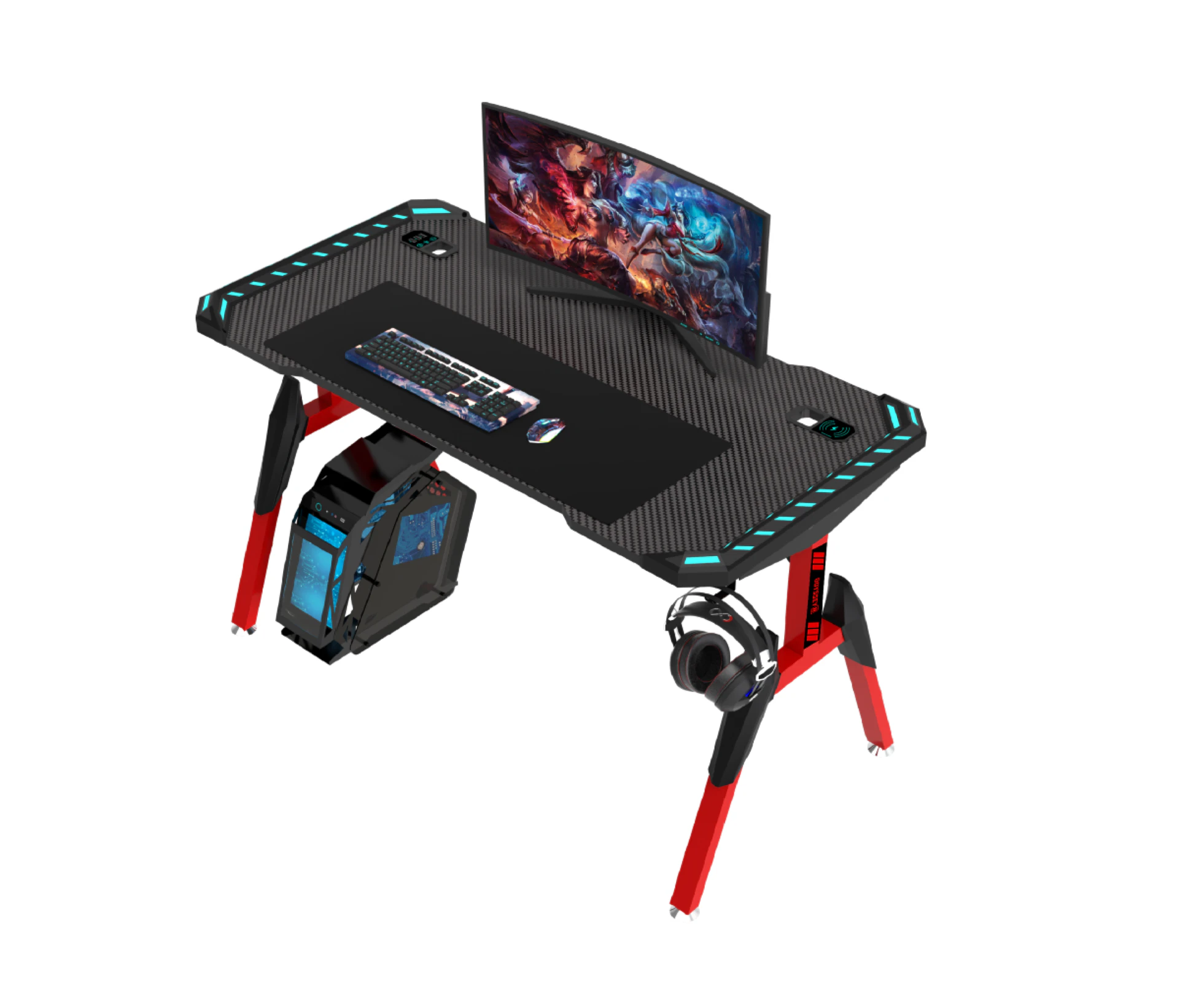 Odyssey8 1.4m Gaming Desk Office Table Desktop with LED Feature Light and USB & Wireless Charger - Red