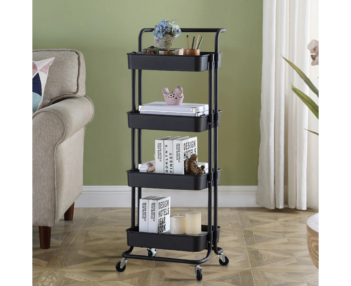 Viviendo 4 Tier Organiser Trolley in Carbon steel & Plastic with Omnidirectional Wheels and Metal Frame With Handle - Black