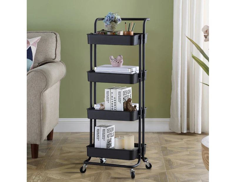 Viviendo 4 Tier Organiser Trolley in Carbon steel & Plastic with Omnidirectional Wheels and Metal Frame With Handle - Black - With Handle